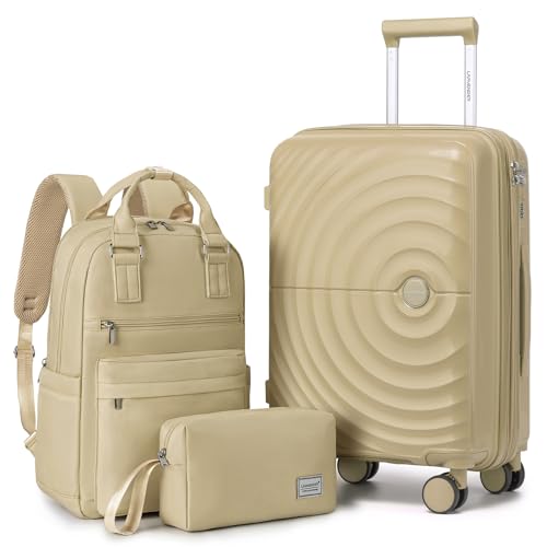 LARVENDER Expandable Carry On 3 Piece Luggage Set with Backpack 20 Inch - color: Champagne, style: 3 Piece Sets