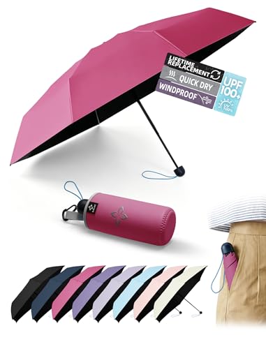 Mini Umbrella for Travel Compact - UPF 100+ UV Sun Umbrella for Purse Backpack,Super mini Sturdy Pocket Folding Umbrella with Absorbent Sleeve, Heavy Duty Parasol - color: 1-Rose