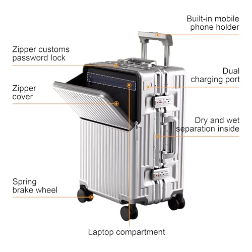 Carry on suitcase Zipperless Luggage,Polycarbonate Aluminum Hard Shell, Expandable Carry-On Suitcase with Spinner Wheels, 24 Inch Cabin - color: silver, size: 24 inch