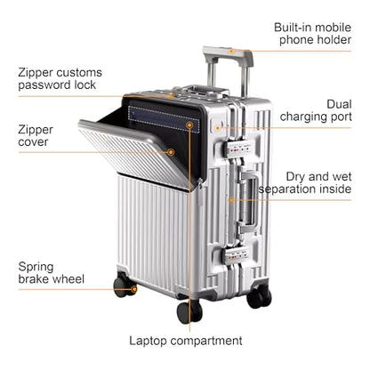 Carry on suitcase Zipperless Luggage,Polycarbonate Aluminum Hard Shell, Expandable Carry-On Suitcase with Spinner Wheels, 24 Inch Cabin - color: silver, size: 24 inch
