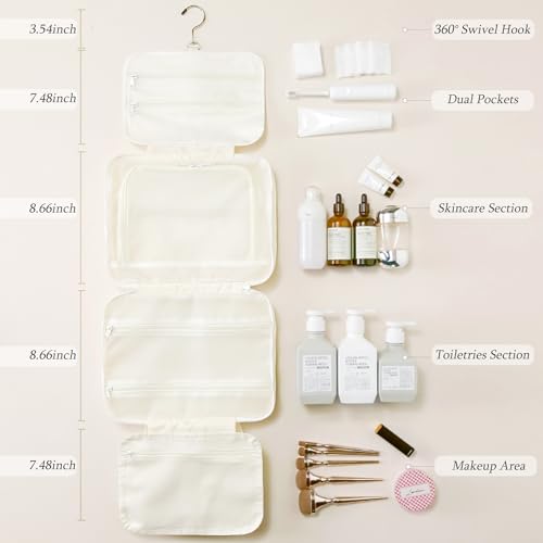 Hanging Toiletry Bag for Women, Large Capacity Travel Makeup Organizer with Hook, Waterproof Cosmetic Bag with Translucent TPU Compartments for Bathroom, Gym, Camping (Beige) - color: Beige
