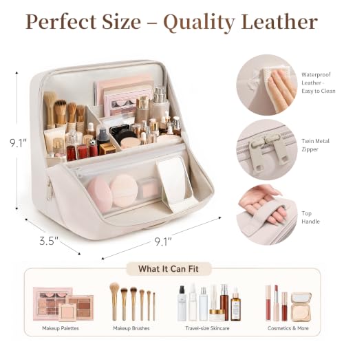 Travel Makeup Bag Standing Folding Leather Cosmetic Organizer with Handle - color: Cream, size: Large