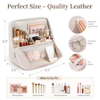 Travel Makeup Bag Standing Folding Leather Cosmetic Organizer with Handle - color: Cream, size: Large