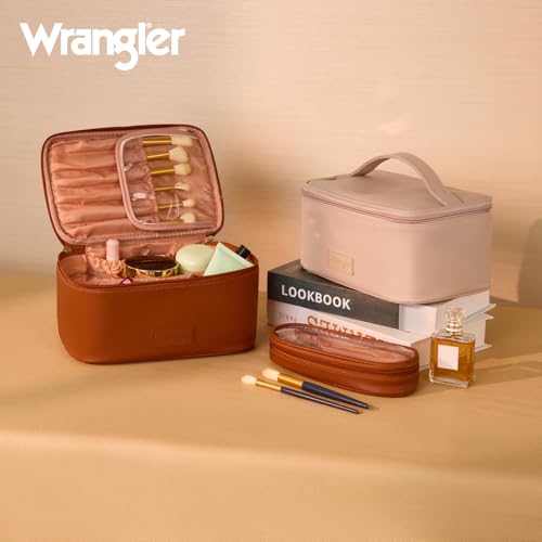 Wrangler Travel Makeup Bag 2pcs Set Cosmetic Bag with Makeup Brush Holder | Portable Make Up Organizer,Large Toiletry Bag with Divider and Handle for Women - color: Light Brown