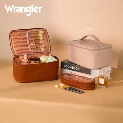 Wrangler Travel Makeup Bag 2pcs Set Cosmetic Bag with Makeup Brush Holder | Portable Make Up Organizer,Large Toiletry Bag with Divider and Handle for Women - color: Light Brown