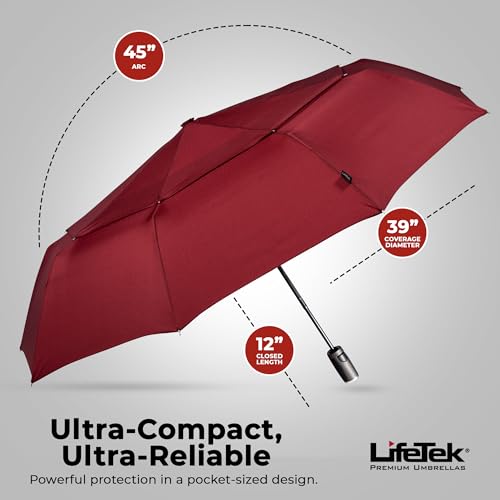 LifeTek Premium Travel Umbrella - Windproof & Compact for Men & Women, Automatic Open Close, Fits in Purse Laptop Bag or Backpack, Strong Frame for Heavy Rain & Sun UV Protection - color: 45 Inch Red FX2 Double Canopy