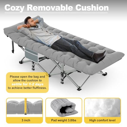 Slendor Folding Camping Cot with Mattress, 500lbs Max Load - color: Grey, size: X-Large