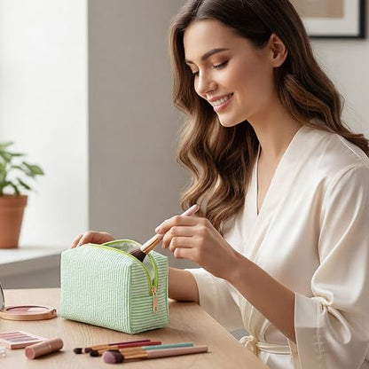 Sanwuta 6 Pcs Seersucker Cosmetic Bags Bulk, Striped Zippered,Green - color: Green