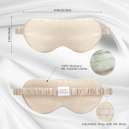 100% Mulberry Silk Eye Mask for Sleeping with Silk Wrapped Adjustable Strap,Beige - color: Beige