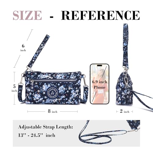 Small Wristlet Wallets for Women Nylon RFID Cross body bag - color: Floral Blue
