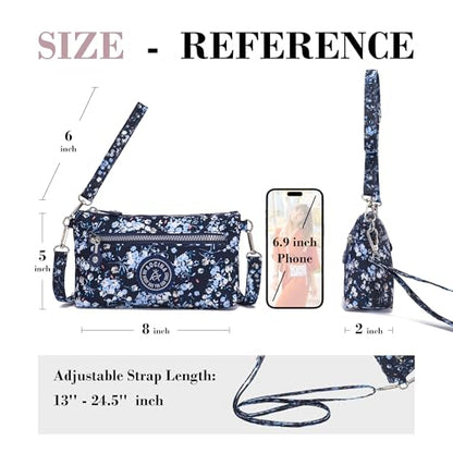 Small Wristlet Wallets for Women Nylon RFID Cross body bag - color: Floral Blue