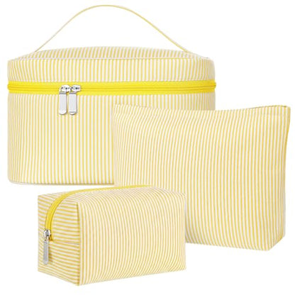 Huhumy 3Pieces Cute Seersucker Makeup Bag Set for Women, Yellow, Stripe - color: Yellow, style: Stripe
