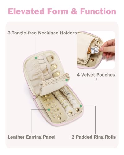 Travel Jewelry Case with Necklace Holder, Earring and Ring Organizer, Pink - color: Pink