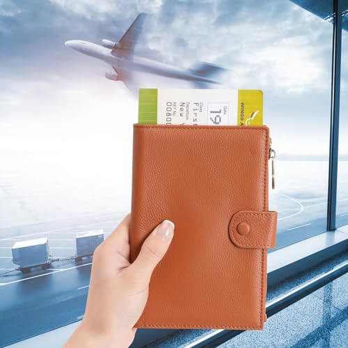 Leather Passport Cover Wallet Travel Essentials Holder with Zipper Pocket - color: Brown