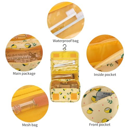 3Pcs Foldable Hanging Travel Toiletry Bag,Waterproof Portable Travel Bags, Multifunction Travel Makeup Cosmetic Bag Organizer with Hanging Hook (Lemon) - color: Lemon