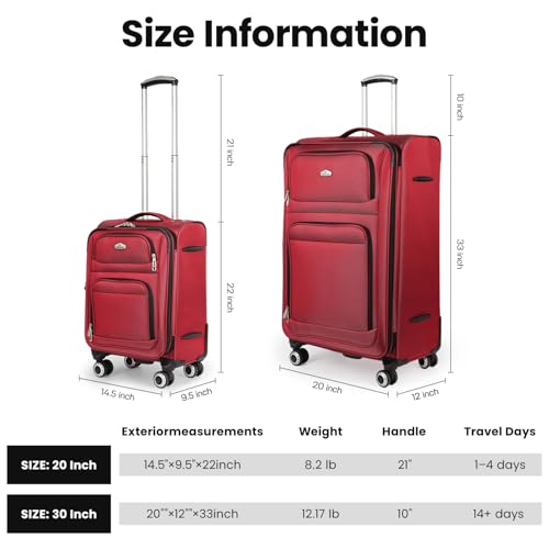 Softside Suitcase Sets 2 Piece(20/30in) w/Front Open Pocket - color: Red, size: 2-Piece Set (20"/30'')