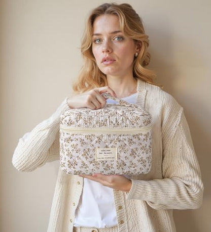 HBselect Quilted Makeup Bag, 3Pcs Cotton Large Travel Makeup Bags Organizer - color: A-3PCS-Floral 23