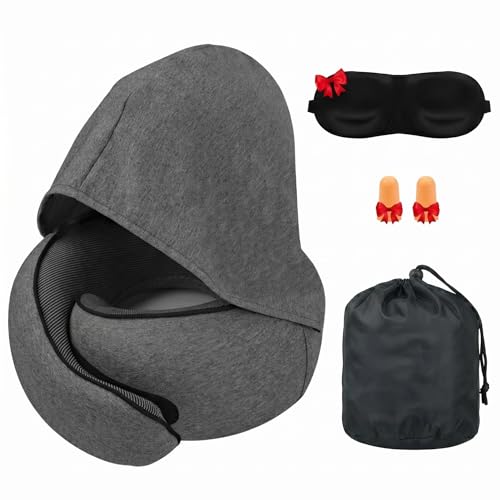 Travel Neck Pillow with Hood, Memory Foam, 360° Ergonomic Support, Cooling Ice Silk, Hooded Design, with Eye Mask, Earplugs, and Storage Pouch Airplane Travel Essentials, Dark Gray