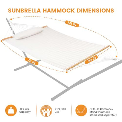 Lazy Daze 12 FT Sunbrella Quilted Hammock, Non-Fading Double Hammock - color: Cast Pumice