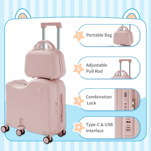 TABU Ride On Luggage Set with Bag, Carry On Suitcase for Kids, Pink - color: Pink