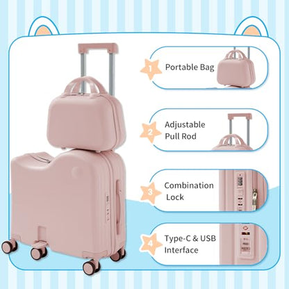 TABU Ride On Luggage Set with Bag, Carry On Suitcase for Kids, Pink - color: Pink