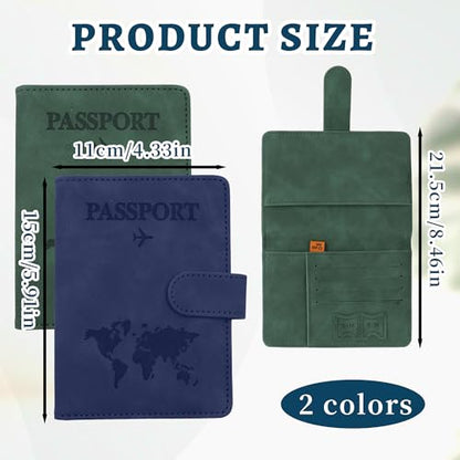 2 Pack Passport Book Holders, PU Leather Passport Cover - color: Dark Green & Dark Blue