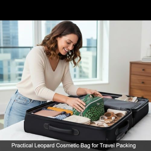 BOYATU Travel Makeup Bag Organizer: 3 Pcs Leopard Cometic Bag Set for Women - color: A-Leopard-Green