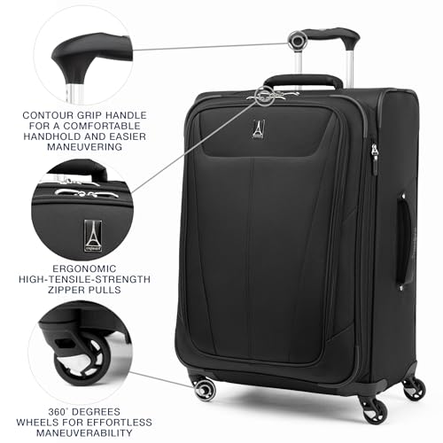 Travelpro Maxlite 5 Softside Checked Luggage Spinner, Black, 25-Inch | Medium Checked Suitcase, Expandable With 4 Wheels, Lightweight & Versatile Travel Design, Men & Women - color: Black, size: Checked-Medium 25-Inch