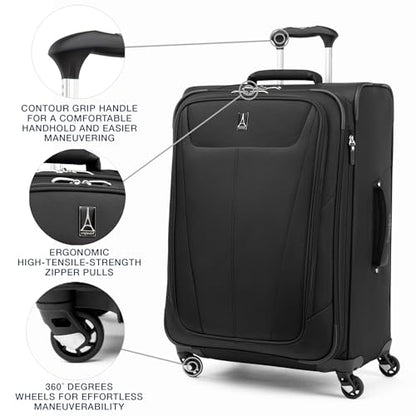 Travelpro Maxlite 5 Softside Checked Luggage Spinner, Black, 25-Inch | Medium Checked Suitcase, Expandable With 4 Wheels, Lightweight & Versatile Travel Design, Men & Women - color: Black, size: Checked-Medium 25-Inch