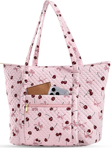 Miss Adola Quilted Shoulder Tote Bag with Zipper for Women - color: Cherry Bow