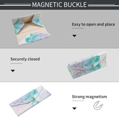 Foldable Glasses Case, Magnetic PU Leahter Sunglasses Case, Cute Hard Shell Folding Eyeglass Cases for Women Kids - color: Blue+pink Sand