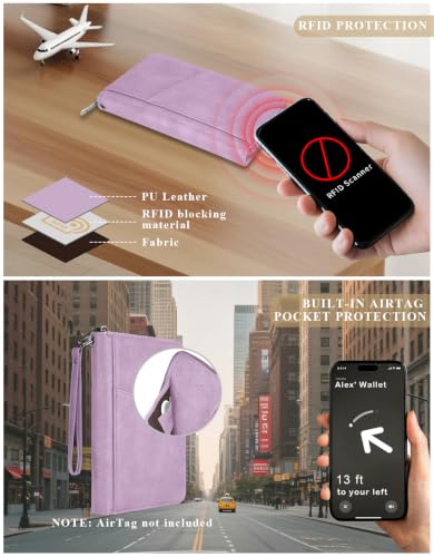 가족 여권 홀더 지갑 RFID 여행 문서 정리함, 여성용 남성용, 카드용 휴대용 케이스 커버, 손목 및 목 스트랩이 있는 탑승권, 에어태그 포켓, 여행 필수품 선물, 퍼플., 클래식 - color: 퍼플.