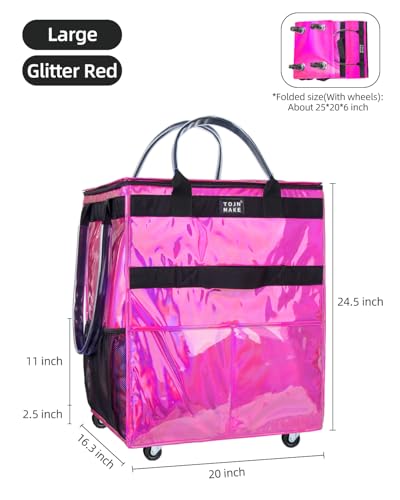 Reusable Grocery Bag with Wheels, Large Glitter Pink Rolling Tote | 8 Pockets, Zipper Cover, Foldable for Women, Kitchen, Travel, Carries Up to 76LBS - color: Glitter Pink, size: Large