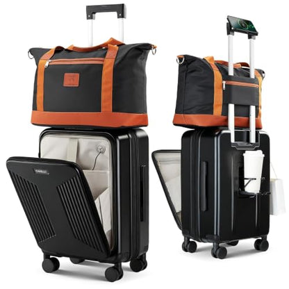 Carry on Luggage Top opening Suitcases, Expandable with Cup Holder and USB Charging Port,Lightweight with Front Pocket Rolling Suitcases with Spinner Wheels - color: Dark Black
