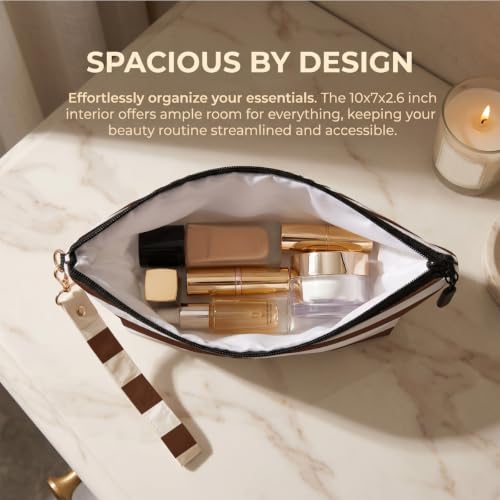 Fokongna Makeup Bag with Keychain Wristlet, Brown Stripes - color: Brown Stripes