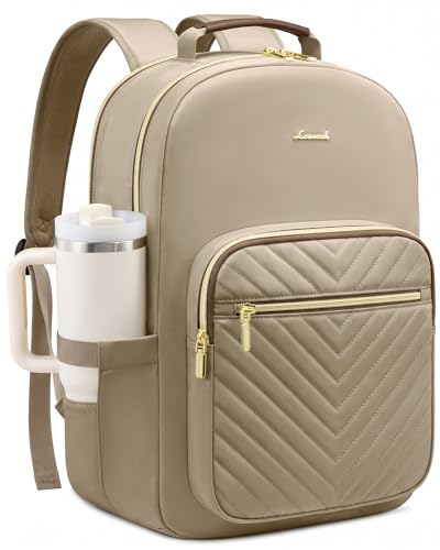 LOVEVOOK Laptop Backpack for Women,Quilted Work Travel College Laptop Bag | Professional Nurse Teacher Backpack Purse,Padded Laptop Compartment,Waterproof Backpack for Traveling on Airplane,Great Gifts - color: Khaki - Brown, size: 17.3 inch with Tumbler