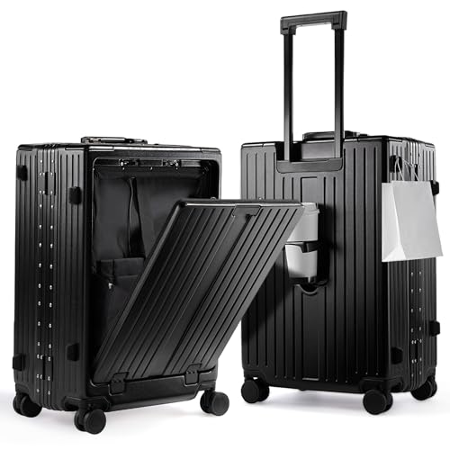 UrbanExplorer 24 Inch Check-In Aluminum Frame Luggage, ABS+PC Hard Shell Suitcases with Spinner Wheels TSA Approved Checked Luggage, Zipperless Suitcases with Cup Holder, Black - color: Black, size: 24-Inch