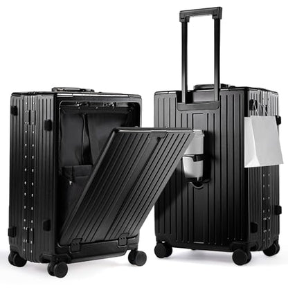 UrbanExplorer 24 Inch Check-In Aluminum Frame Luggage, ABS+PC Hard Shell Suitcases with Spinner Wheels TSA Approved Checked Luggage, Zipperless Suitcases with Cup Holder, Black - color: Black, size: 24-Inch