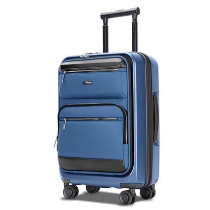 20 Inch Softside Suitcase with Spinner wheels, Carry on Luggage with & USB Port,Hybrid Soft Front & Hard Shell Large Checked Luggage with TSA Lock, Blue - color: Blue, size: 20 Inch