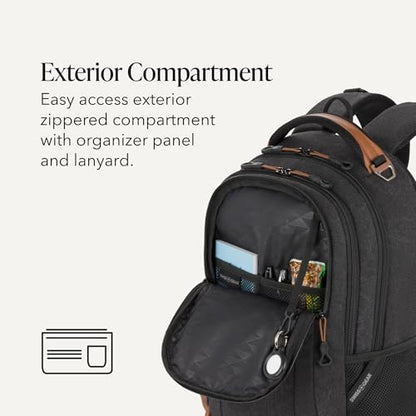 SwissGear Cecil Laptop Backpack, Fits Most 16-Inch Laptops, Three-Compartment Design, Airflow Back Panel, Black, 27.3L, 18-Inch - color: Black Canvas/Brown