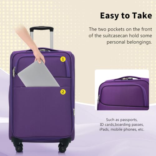 4-Piece Softside Luggage Set, Expandable Lightweight Polyester Suitcases with Spinner Wheels & TSA Lock, 18/22/26/30 Inch Travel Luggage Set with Front Pockets (Purple) - color: Purple