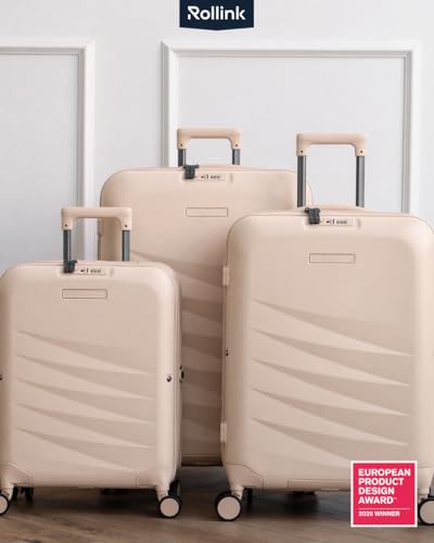 ROLLINK Foldable Mono Medium Checked Suitcase 26” – Hardshell Luggage, Double Spinner Wheels, TSA Lock, Lightweight & Durable Travel Case – Scratch, Water & Impact Resistant (Shifting Sand) - color: Sand Beige, size: Medium Checked