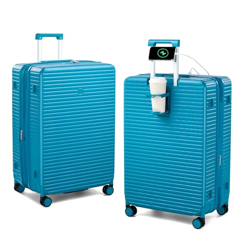 HanTrip Hard Case 28 Inch Large Checked Luggage with Wheels, Caribbean Blue - color: Caribbean Blue, size: Expandable 28 Inch