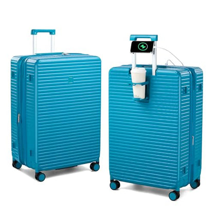 HanTrip Hard Case 28 Inch Large Checked Luggage with Wheels, Caribbean Blue - color: Caribbean Blue, size: Expandable 28 Inch