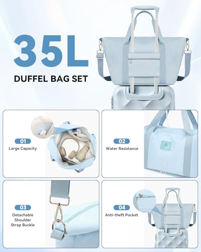 Somago Luggage Sets 5 Piece Hardside 20"/24"/28" with Duffle Toiletry Pouch - color: Light Blue, size: 5 Piece Set