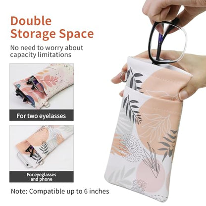 Double Eyeglass Case Soft Dual Glasses Case for Women Men Travel Squeeze Top Sunglasses Cases Eyeglasses Pouch - color: Pink+white Leaf