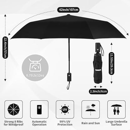 Yoobure Windproof Automatic Travel Umbrella, Compact Folding UV Sun & Rain | One-touch auto open close, windproof frame withstands storms, UV protection fabric, lightweight for backpack car daily use - color: Black