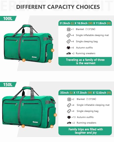 Gonex 150L Foldable Travel Duffle Bag with Shoe Compartment, Lightweight - color: Mint Green, size: 150L