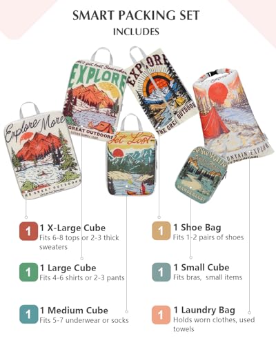 Gonex 6-Piece Compression Packing Cubes with Shoe & Laundry Bags - color: 6-Retro Mountains, size: 6 Set