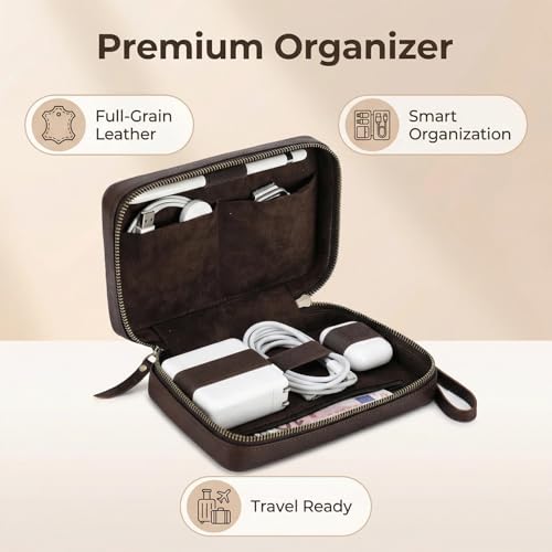 Acidea Full Grain Leather Electronics Accessories Storage Box Travel Cable Organizer Pouch, Charger Roll Up Case with Zippers Leather Tech Organizer for Power Bank, USB, Cables, Travel Essentials